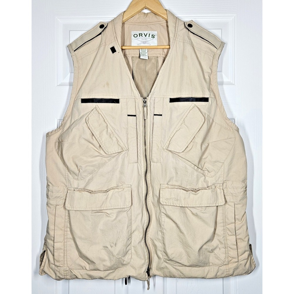 VTG Orvis Mens XL Khaki Full Zip Fly Fishing Utility Pockets Hunting Vest Vented